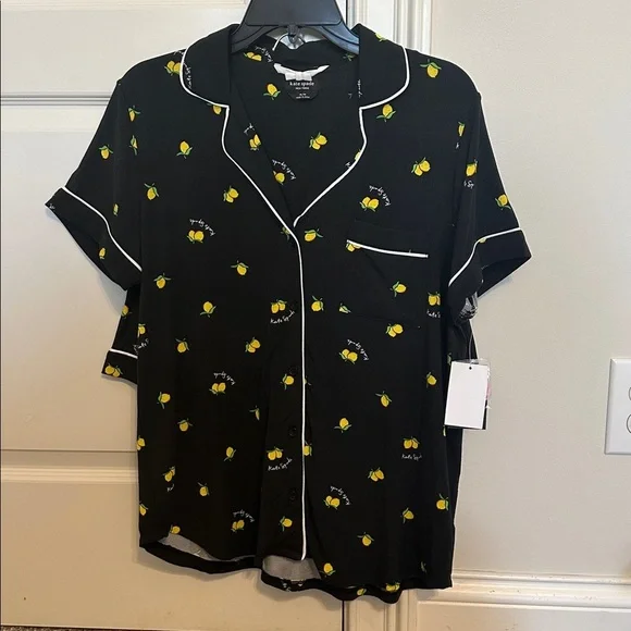 NWT Kate Spade Modal Short Set, Medium, Black Piped w/lemons - Picture 2 of 8